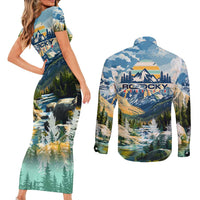Wilderness of Rocky Mountains Couples Matching Short Sleeve Bodycon Dress and Long Sleeve Button Shirt