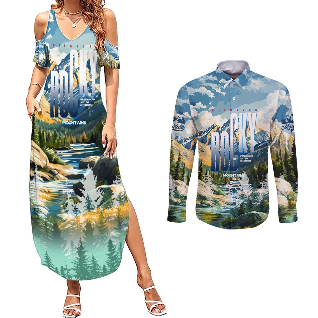 Wilderness of Rocky Mountains Couples Matching Summer Maxi Dress and Long Sleeve Button Shirt