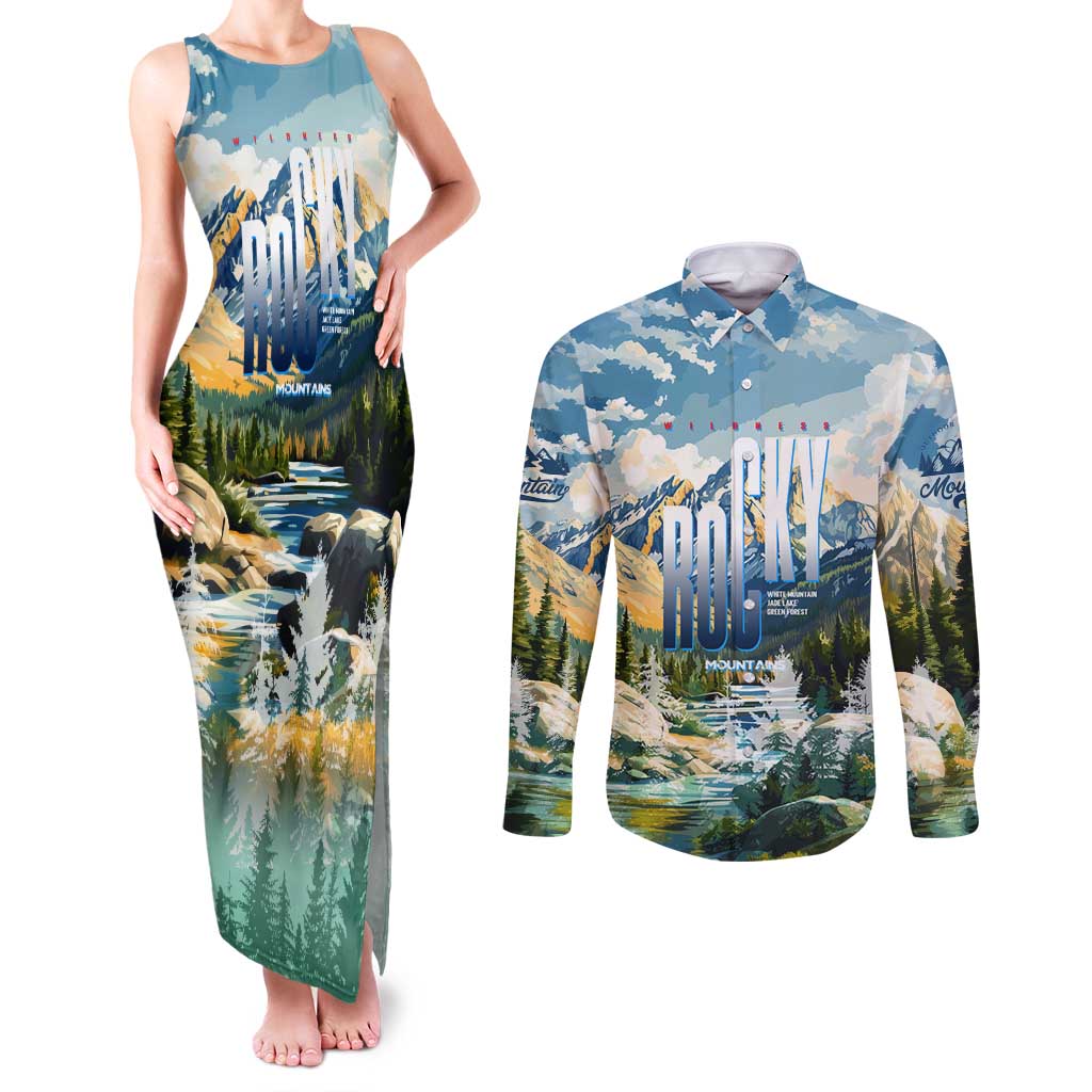 Wilderness of Rocky Mountains Couples Matching Tank Maxi Dress and Long Sleeve Button Shirt