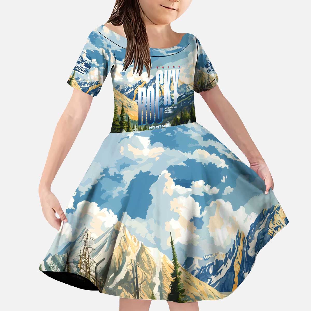 Wilderness of Rocky Mountains Family Matching Off The Shoulder Long Sleeve Dress and Hawaiian Shirt