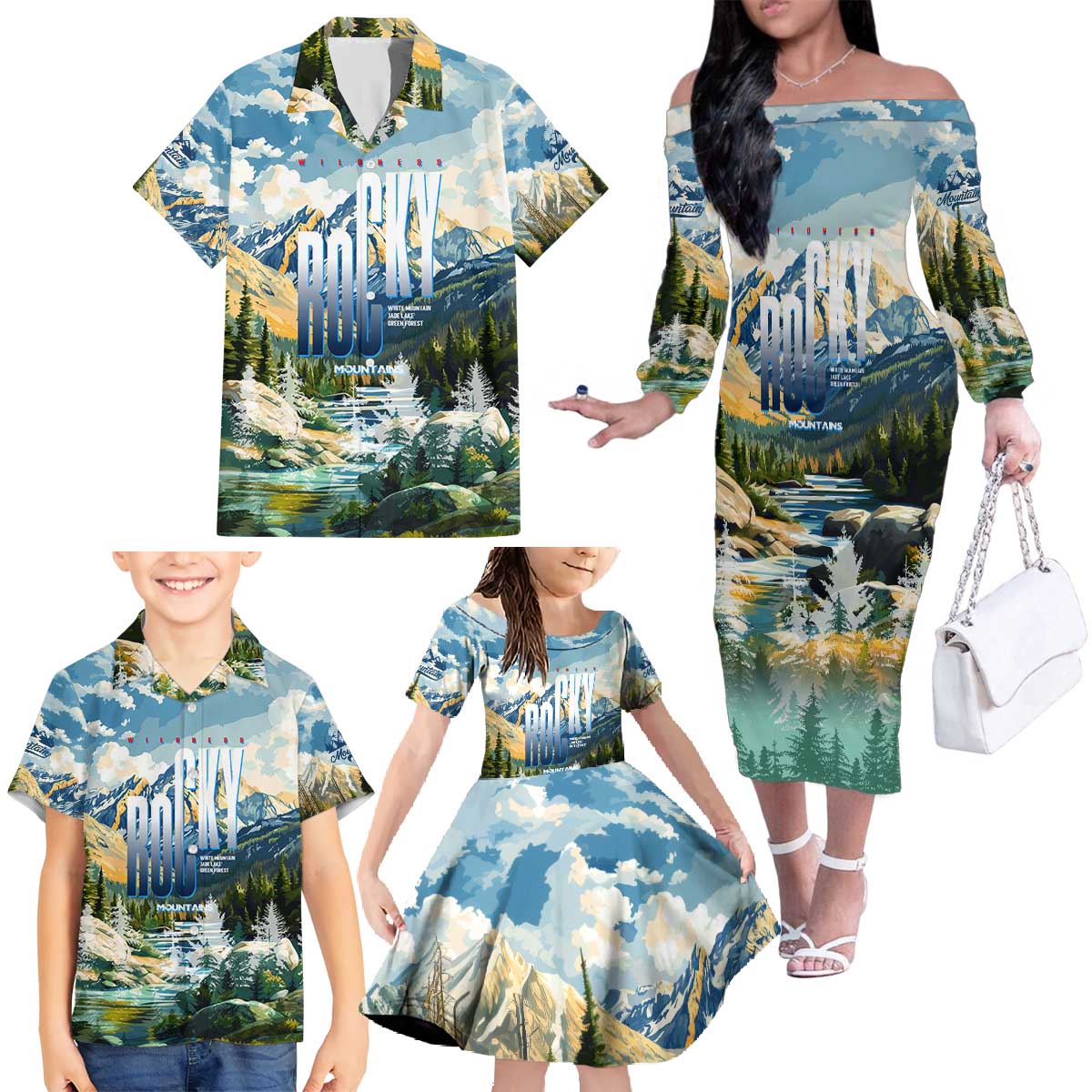 Wilderness of Rocky Mountains Family Matching Off The Shoulder Long Sleeve Dress and Hawaiian Shirt