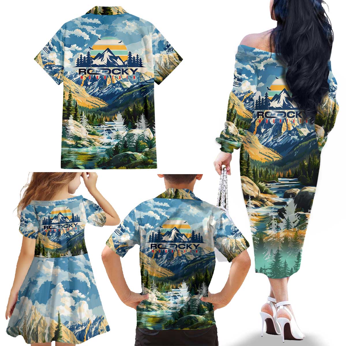 Wilderness of Rocky Mountains Family Matching Off The Shoulder Long Sleeve Dress and Hawaiian Shirt
