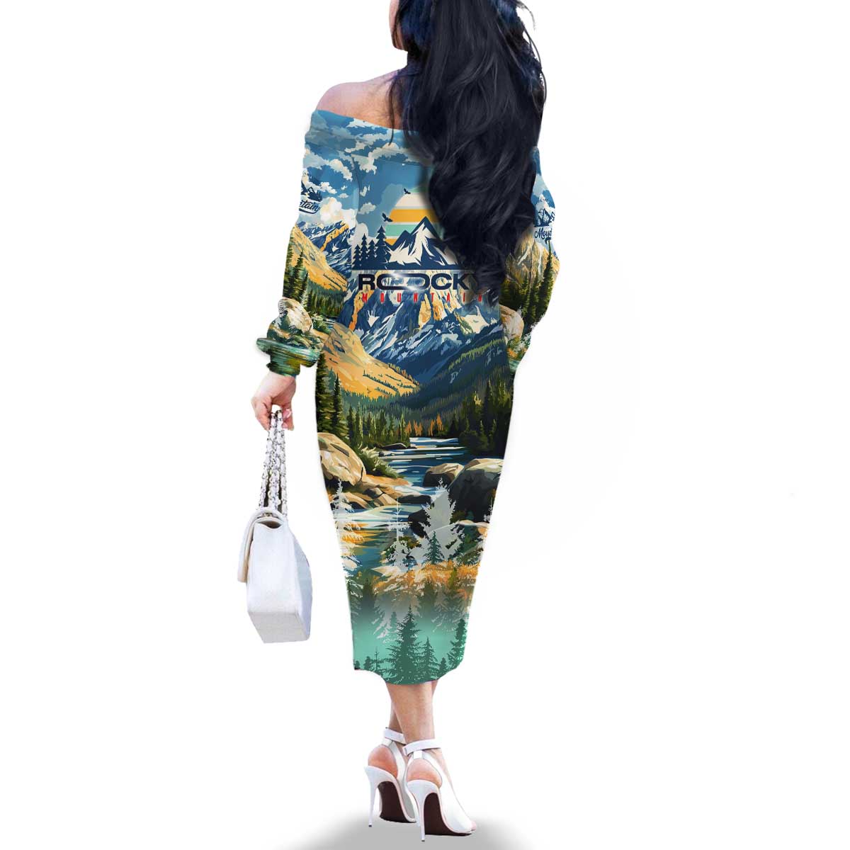 Wilderness of Rocky Mountains Family Matching Off The Shoulder Long Sleeve Dress and Hawaiian Shirt