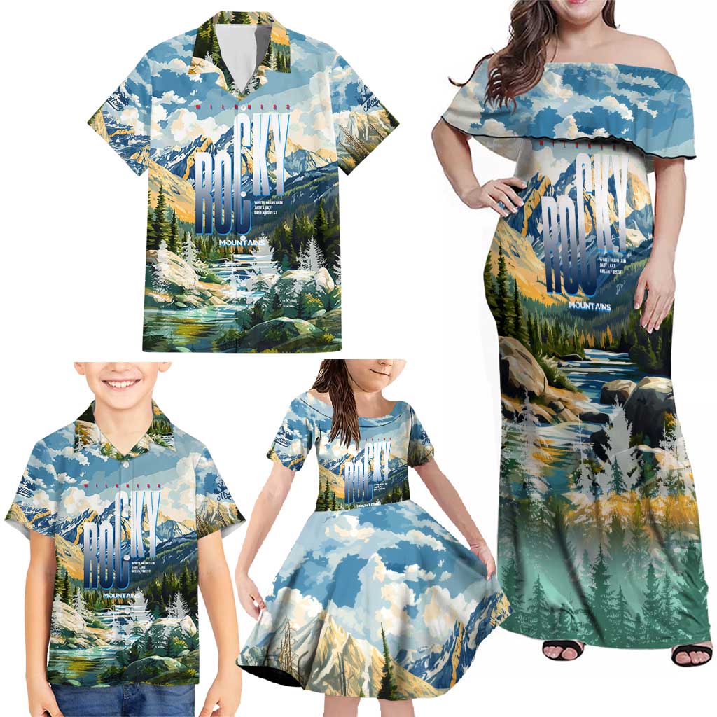 Wilderness of Rocky Mountains Family Matching Off Shoulder Maxi Dress and Hawaiian Shirt