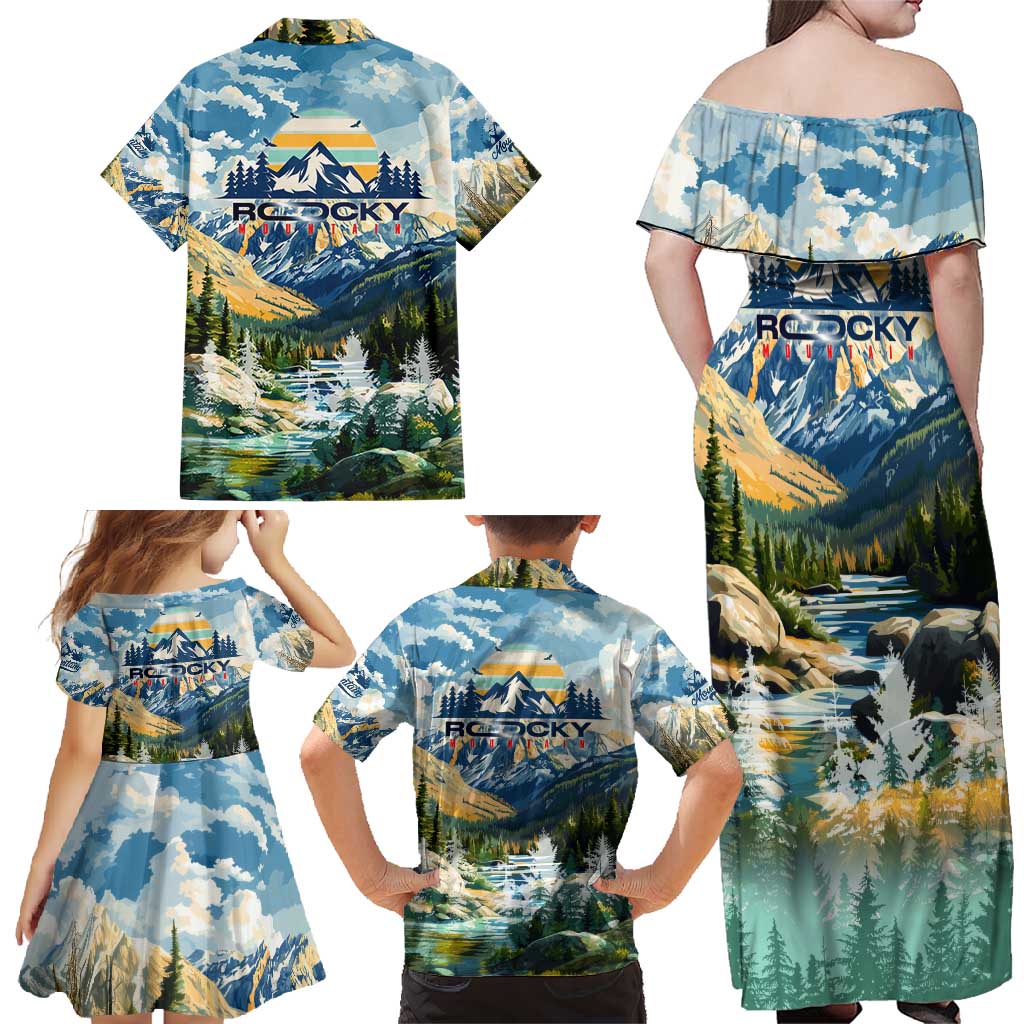 Wilderness of Rocky Mountains Family Matching Off Shoulder Maxi Dress and Hawaiian Shirt