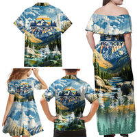 Wilderness of Rocky Mountains Family Matching Off Shoulder Maxi Dress and Hawaiian Shirt