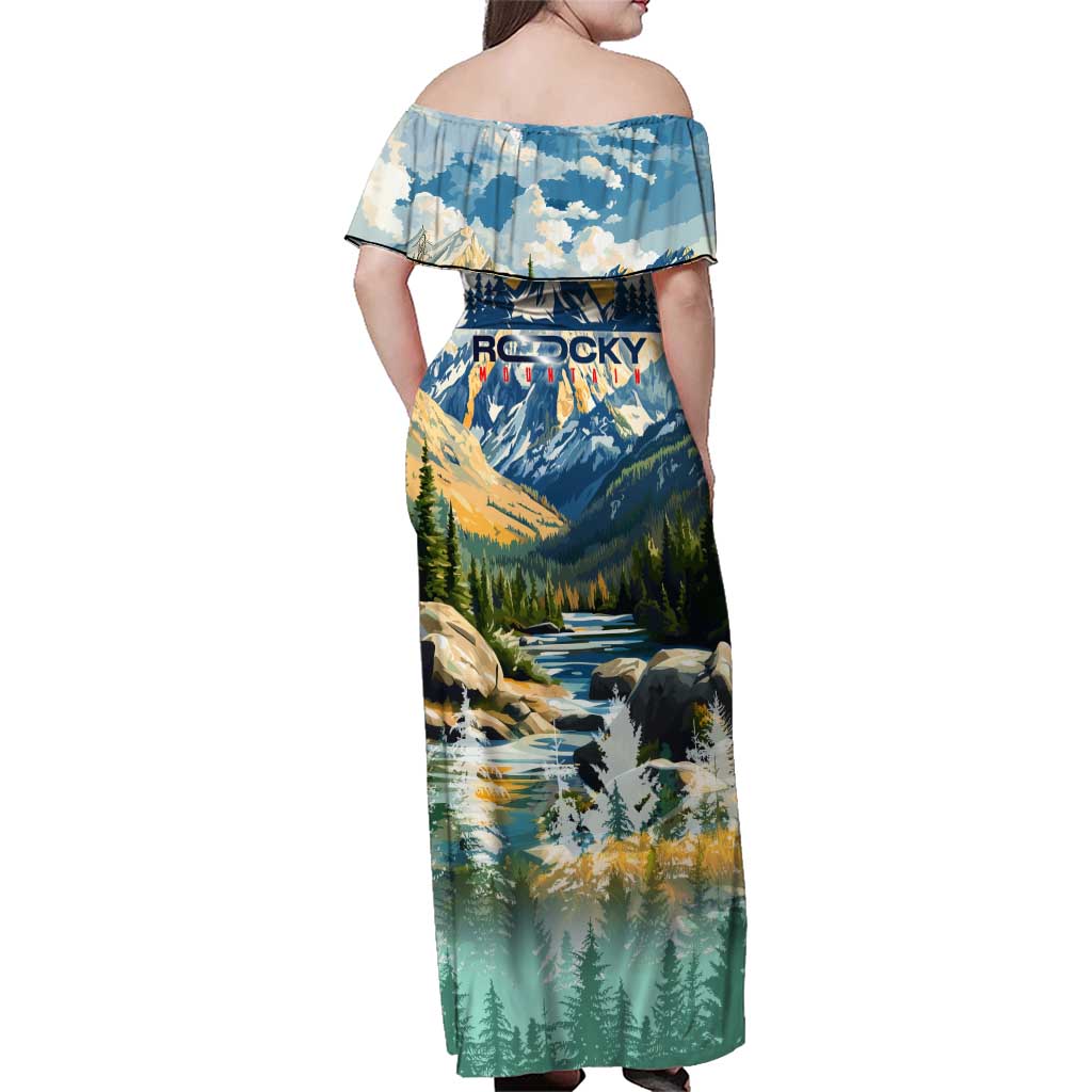 Wilderness of Rocky Mountains Family Matching Off Shoulder Maxi Dress and Hawaiian Shirt