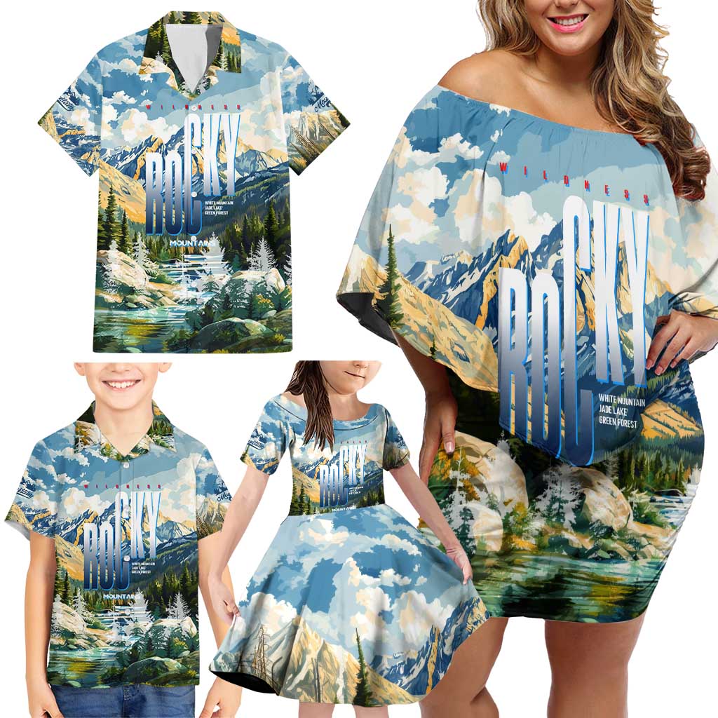 Wilderness of Rocky Mountains Family Matching Off Shoulder Short Dress and Hawaiian Shirt