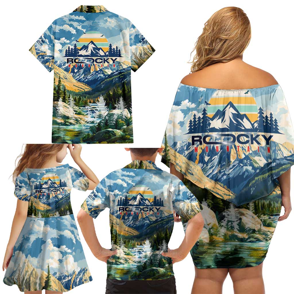 Wilderness of Rocky Mountains Family Matching Off Shoulder Short Dress and Hawaiian Shirt