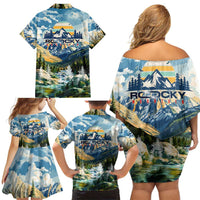 Wilderness of Rocky Mountains Family Matching Off Shoulder Short Dress and Hawaiian Shirt