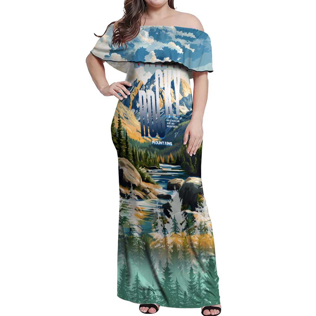 Wilderness of Rocky Mountains Off Shoulder Maxi Dress