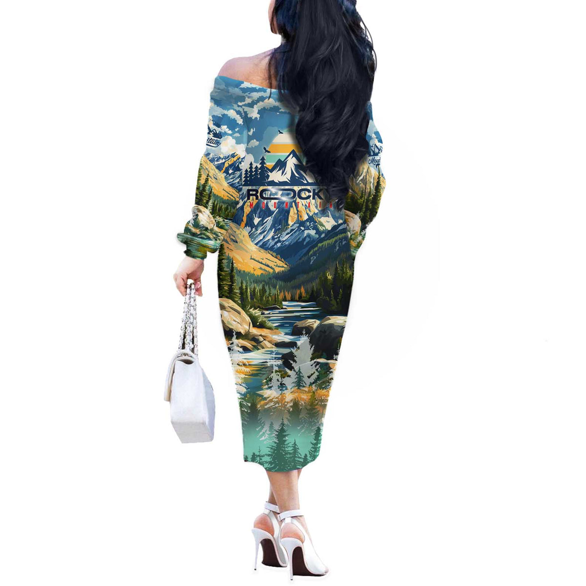 Wilderness of Rocky Mountains Off The Shoulder Long Sleeve Dress