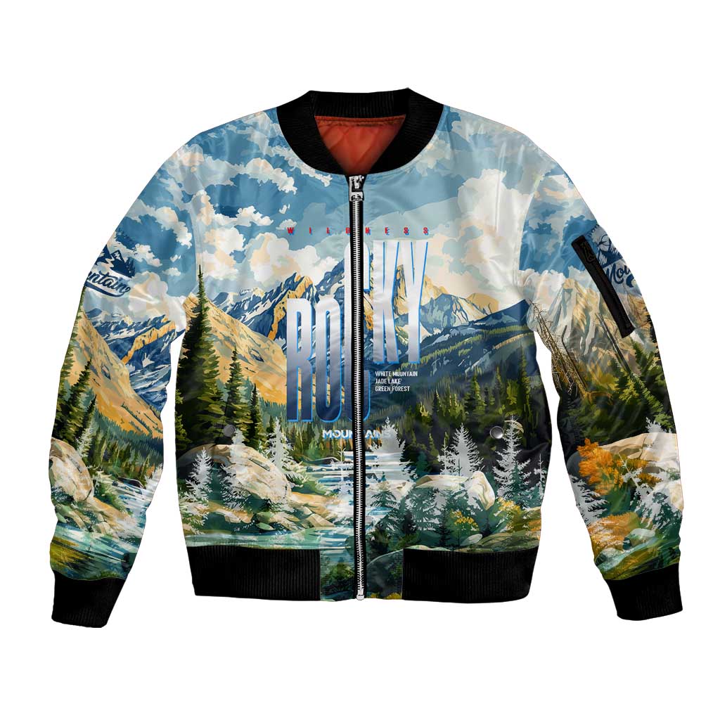 Wilderness of Rocky Mountains Sleeve Zip Bomber Jacket