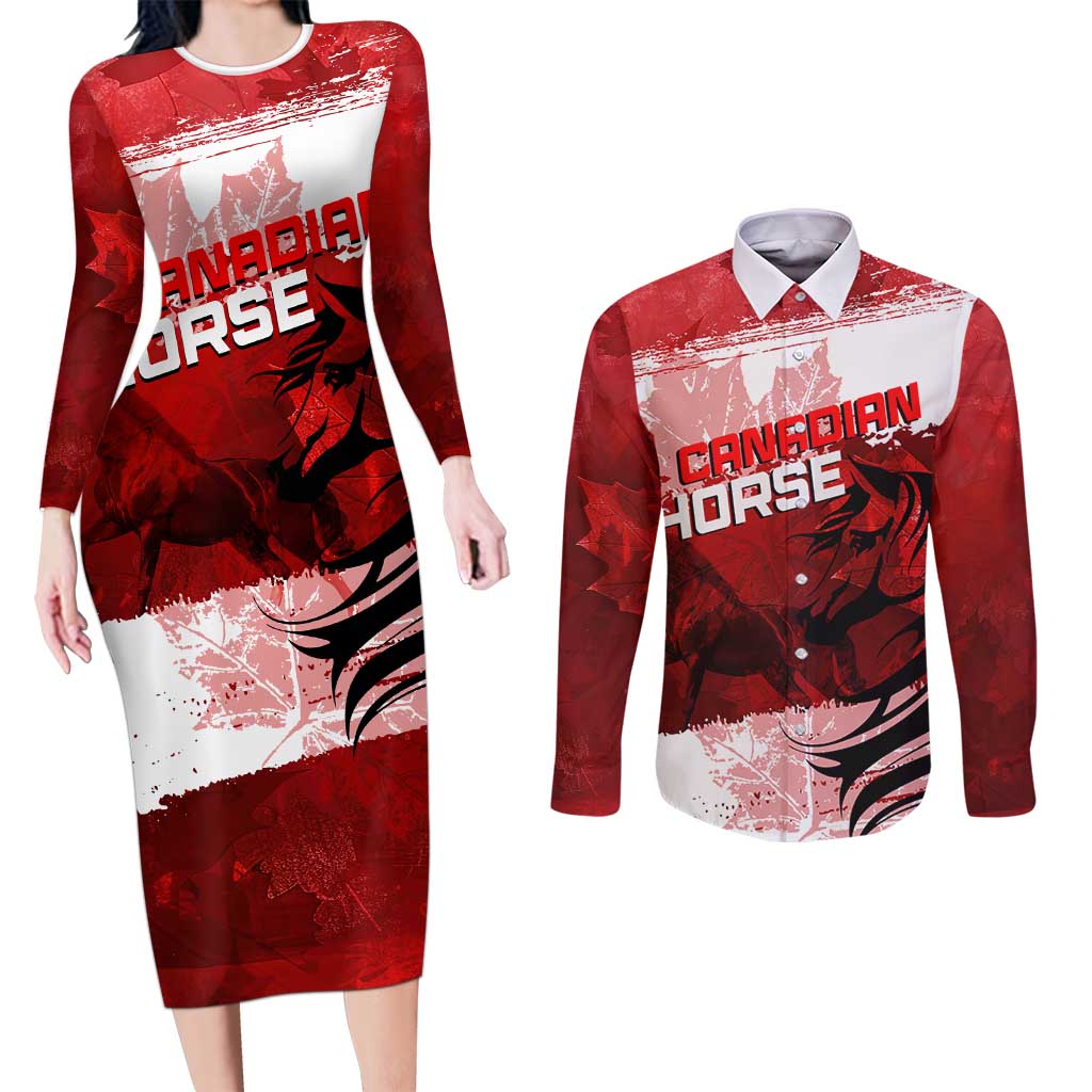 Personalized Canadian Horse Couples Matching Long Sleeve Bodycon Dress and Long Sleeve Button Shirt Canada Maple Leaf