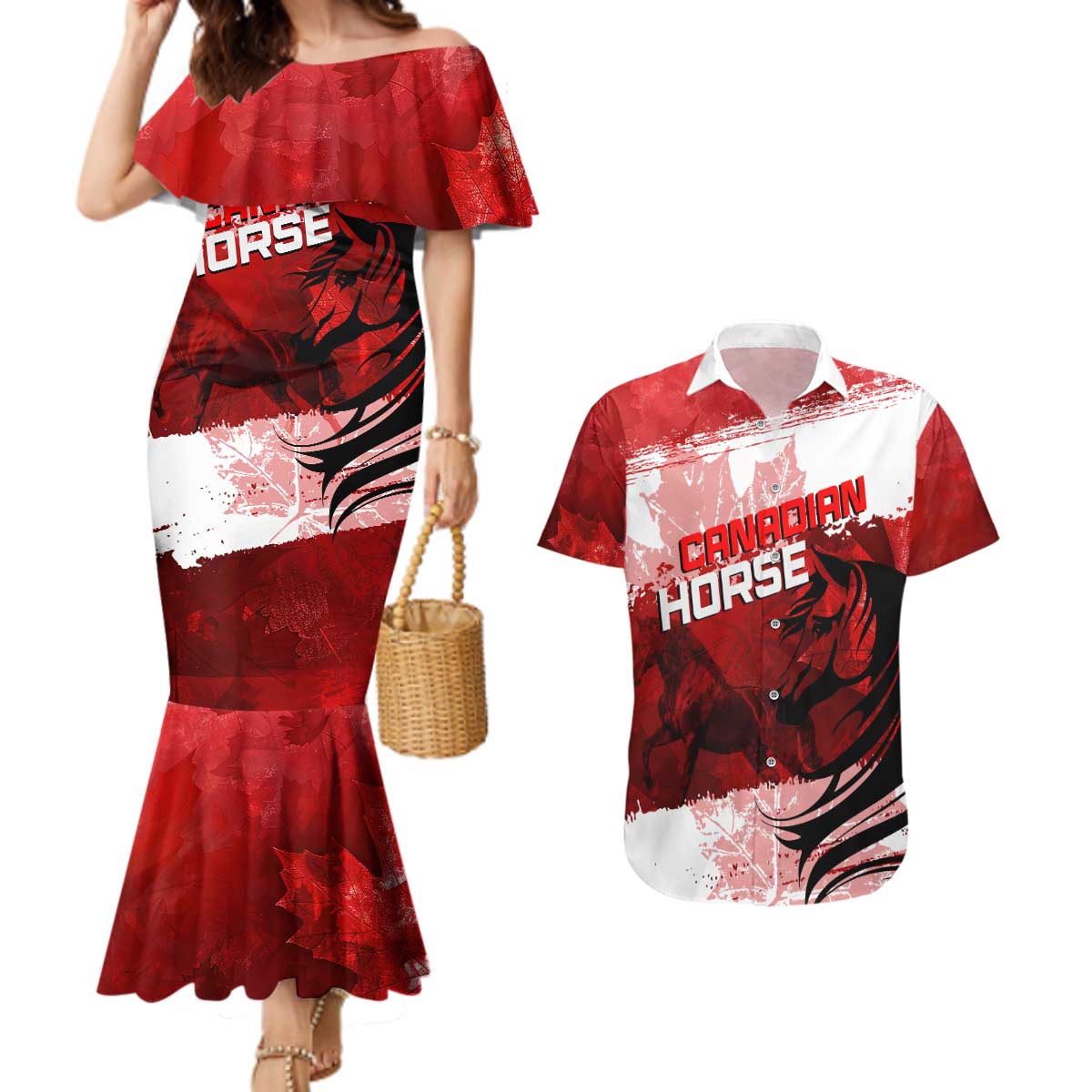 Personalized Canadian Horse Couples Matching Mermaid Dress and Hawaiian Shirt Canada Maple Leaf