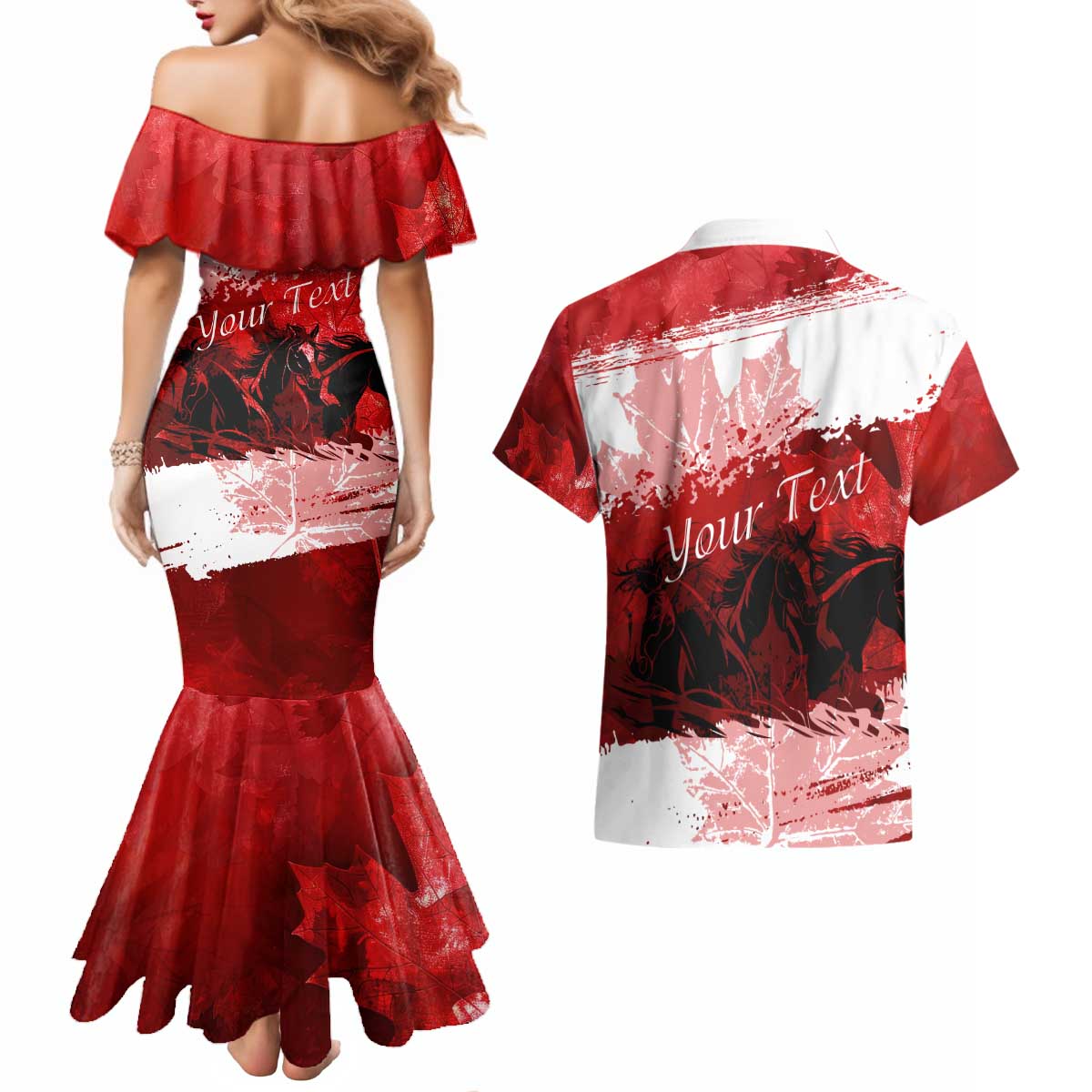 Personalized Canadian Horse Couples Matching Mermaid Dress and Hawaiian Shirt Canada Maple Leaf