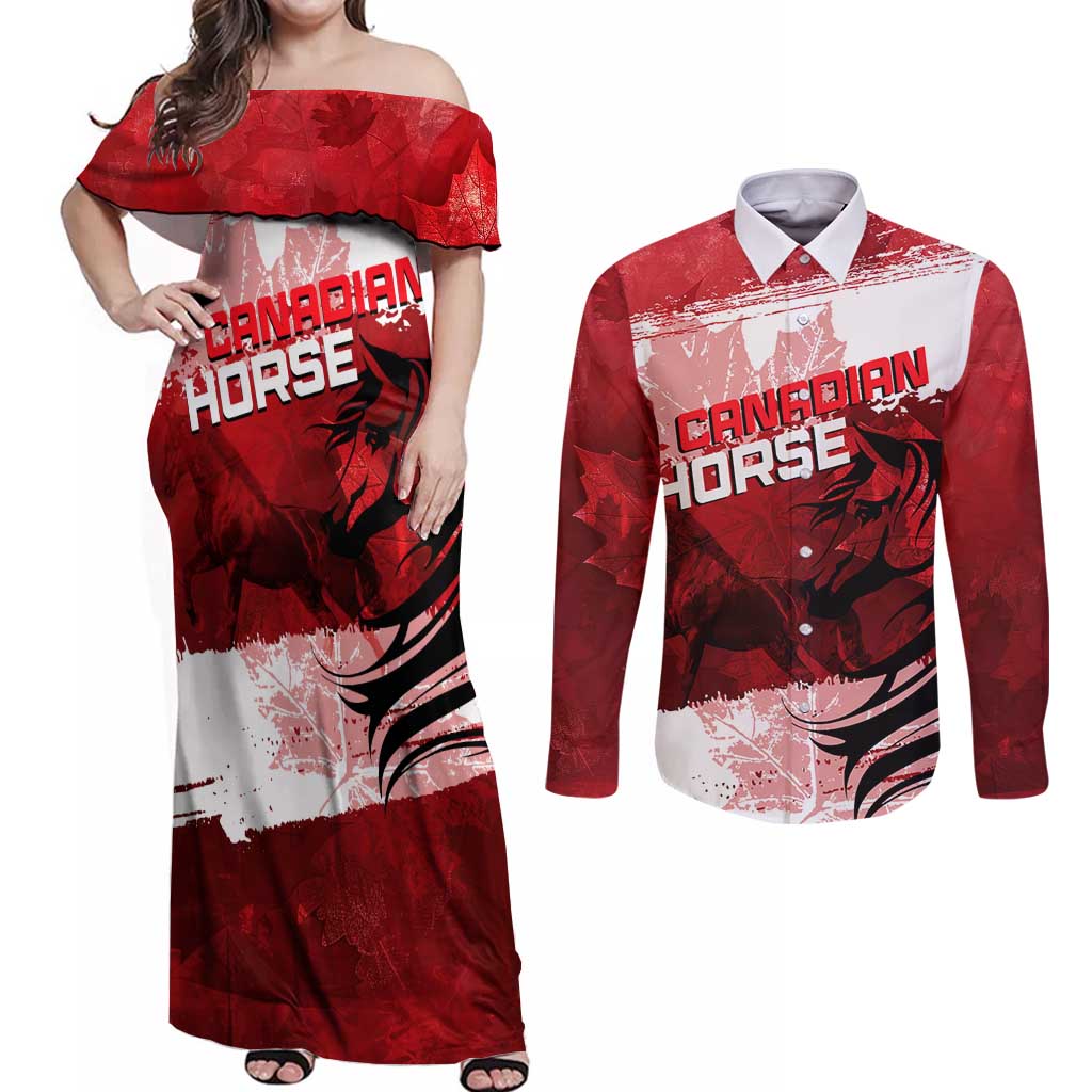 Personalized Canadian Horse Couples Matching Off Shoulder Maxi Dress and Long Sleeve Button Shirt Canada Maple Leaf