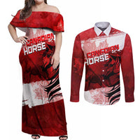 Personalized Canadian Horse Couples Matching Off Shoulder Maxi Dress and Long Sleeve Button Shirt Canada Maple Leaf