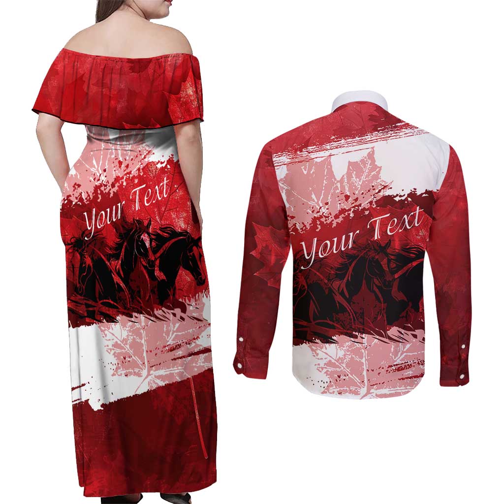 Personalized Canadian Horse Couples Matching Off Shoulder Maxi Dress and Long Sleeve Button Shirt Canada Maple Leaf