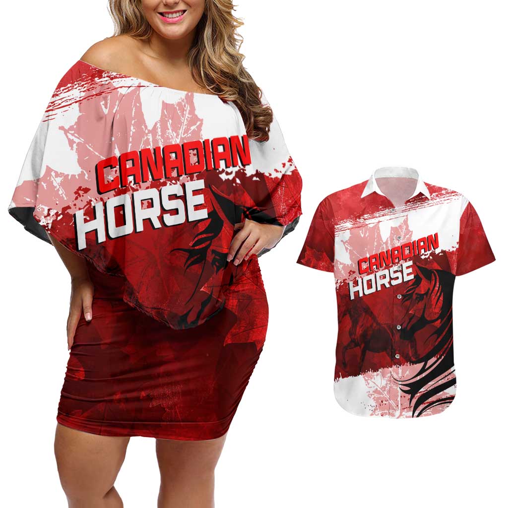 Personalized Canadian Horse Couples Matching Off Shoulder Short Dress and Hawaiian Shirt Canada Maple Leaf