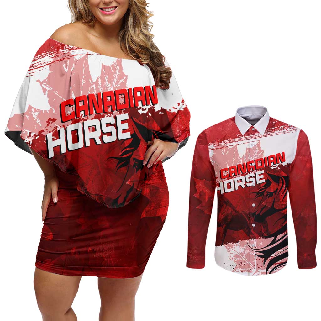 Personalized Canadian Horse Couples Matching Off Shoulder Short Dress and Long Sleeve Button Shirt Canada Maple Leaf
