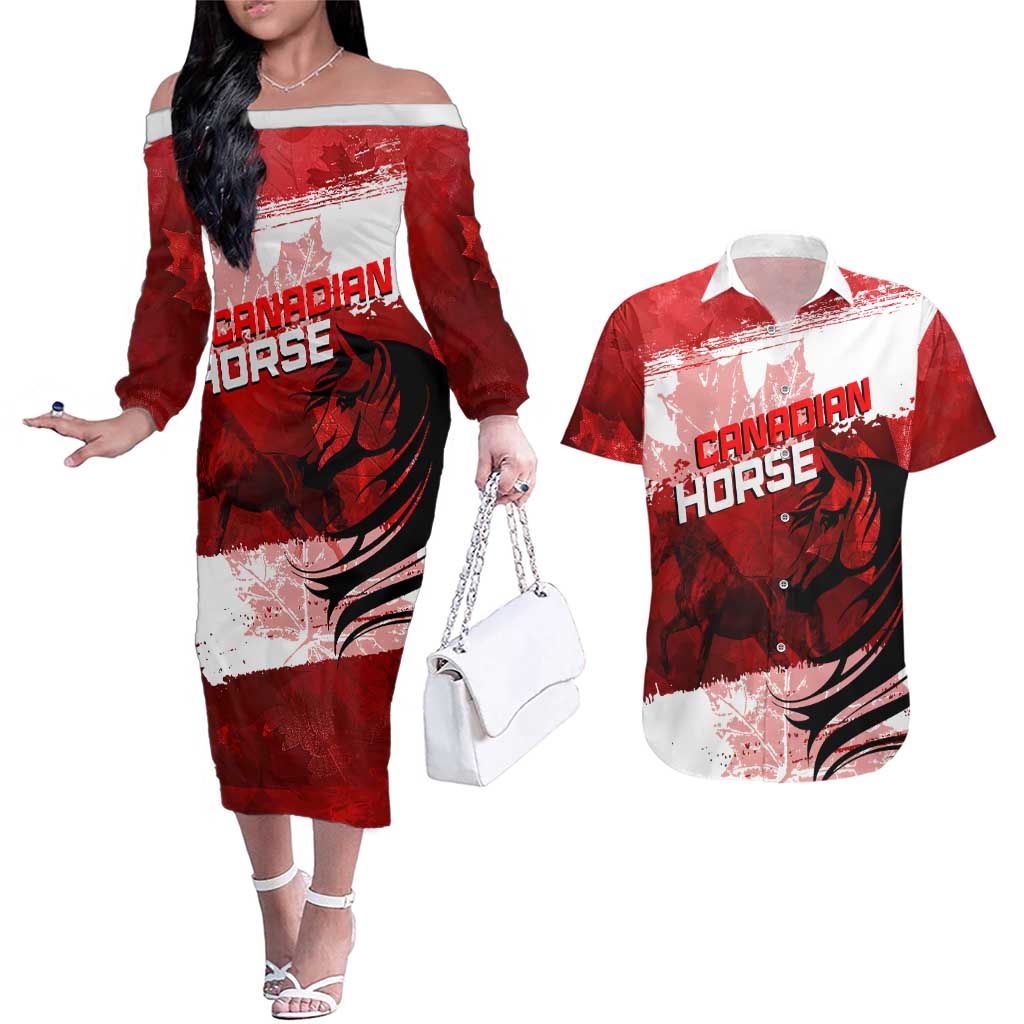 Personalized Canadian Horse Couples Matching Off The Shoulder Long Sleeve Dress and Hawaiian Shirt Canada Maple Leaf
