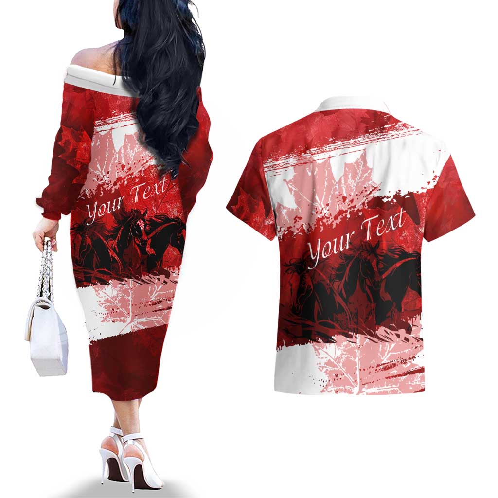 Personalized Canadian Horse Couples Matching Off The Shoulder Long Sleeve Dress and Hawaiian Shirt Canada Maple Leaf