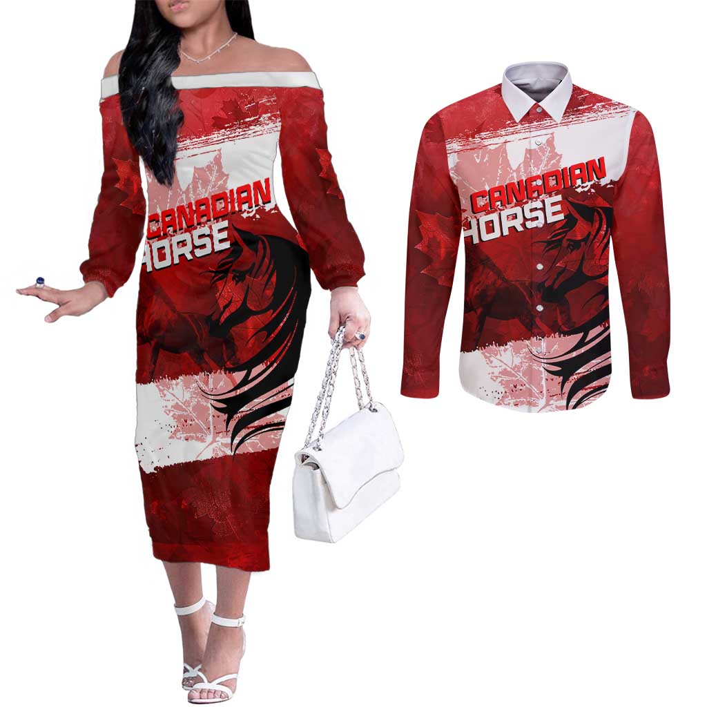 Personalized Canadian Horse Couples Matching Off The Shoulder Long Sleeve Dress and Long Sleeve Button Shirt Canada Maple Leaf
