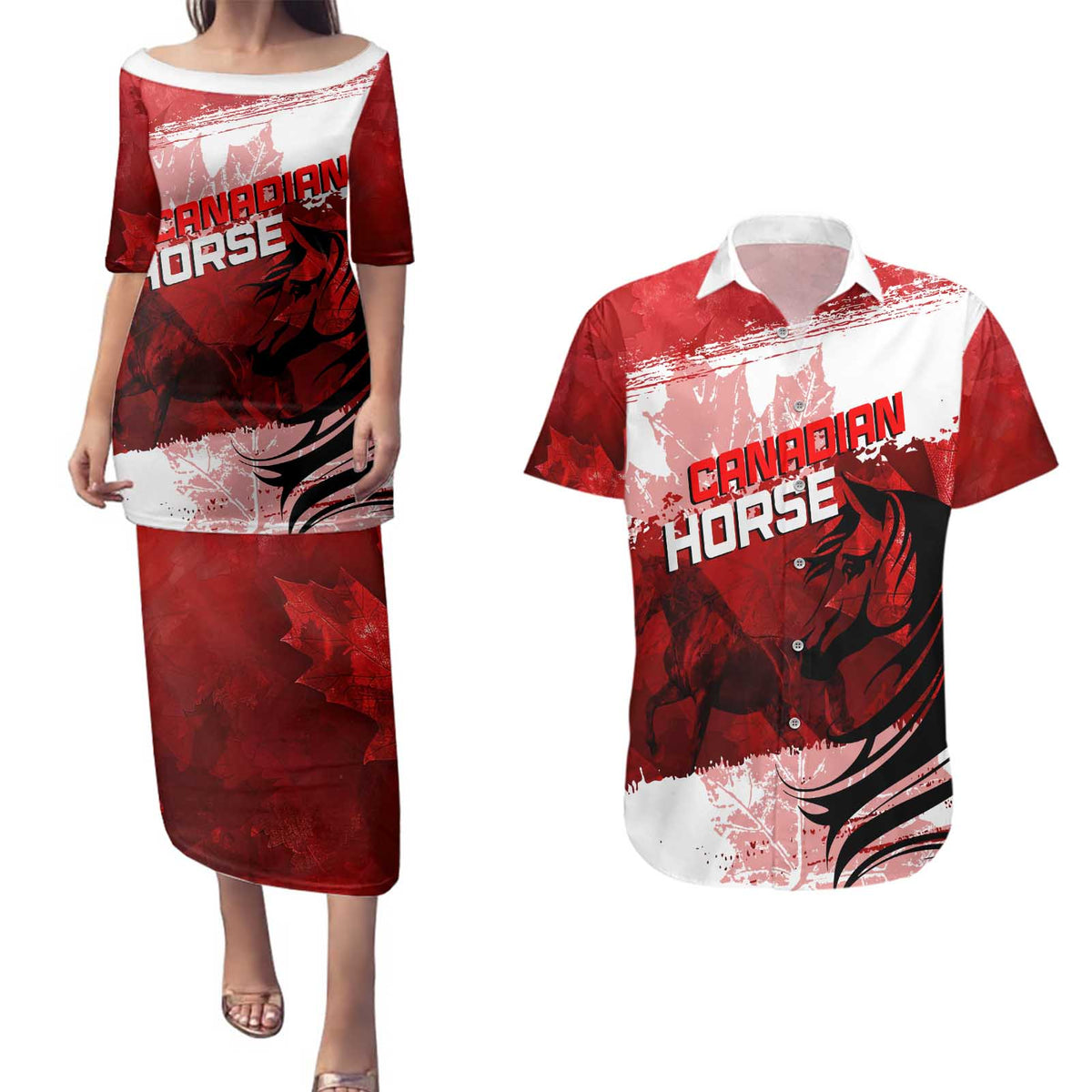 Personalized Canadian Horse Couples Matching Puletasi and Hawaiian Shirt Canada Maple Leaf