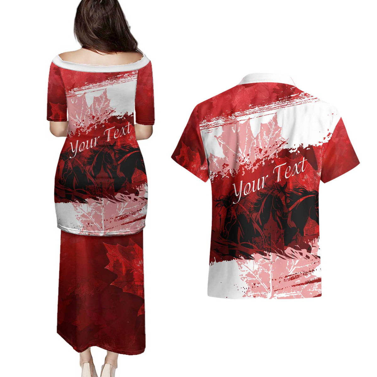 Personalized Canadian Horse Couples Matching Puletasi and Hawaiian Shirt Canada Maple Leaf