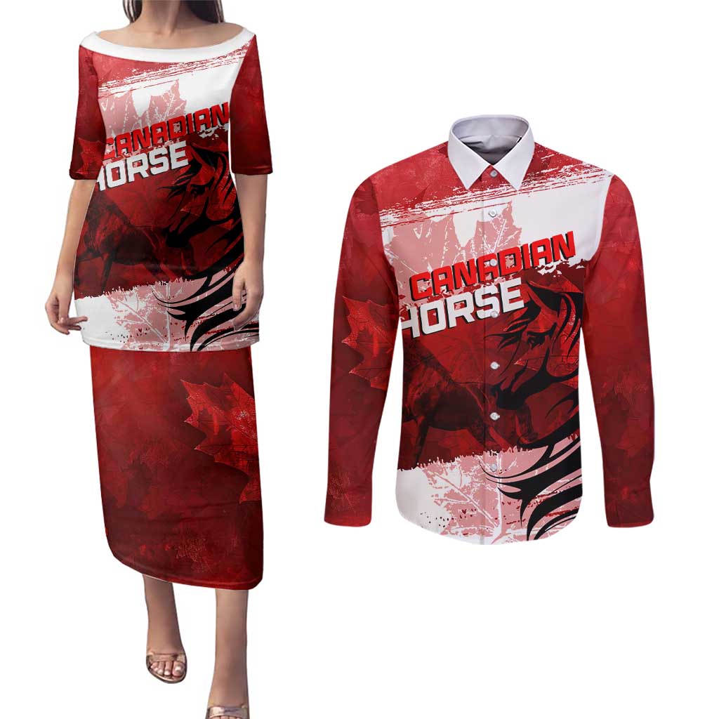 Personalized Canadian Horse Couples Matching Puletasi and Long Sleeve Button Shirt Canada Maple Leaf