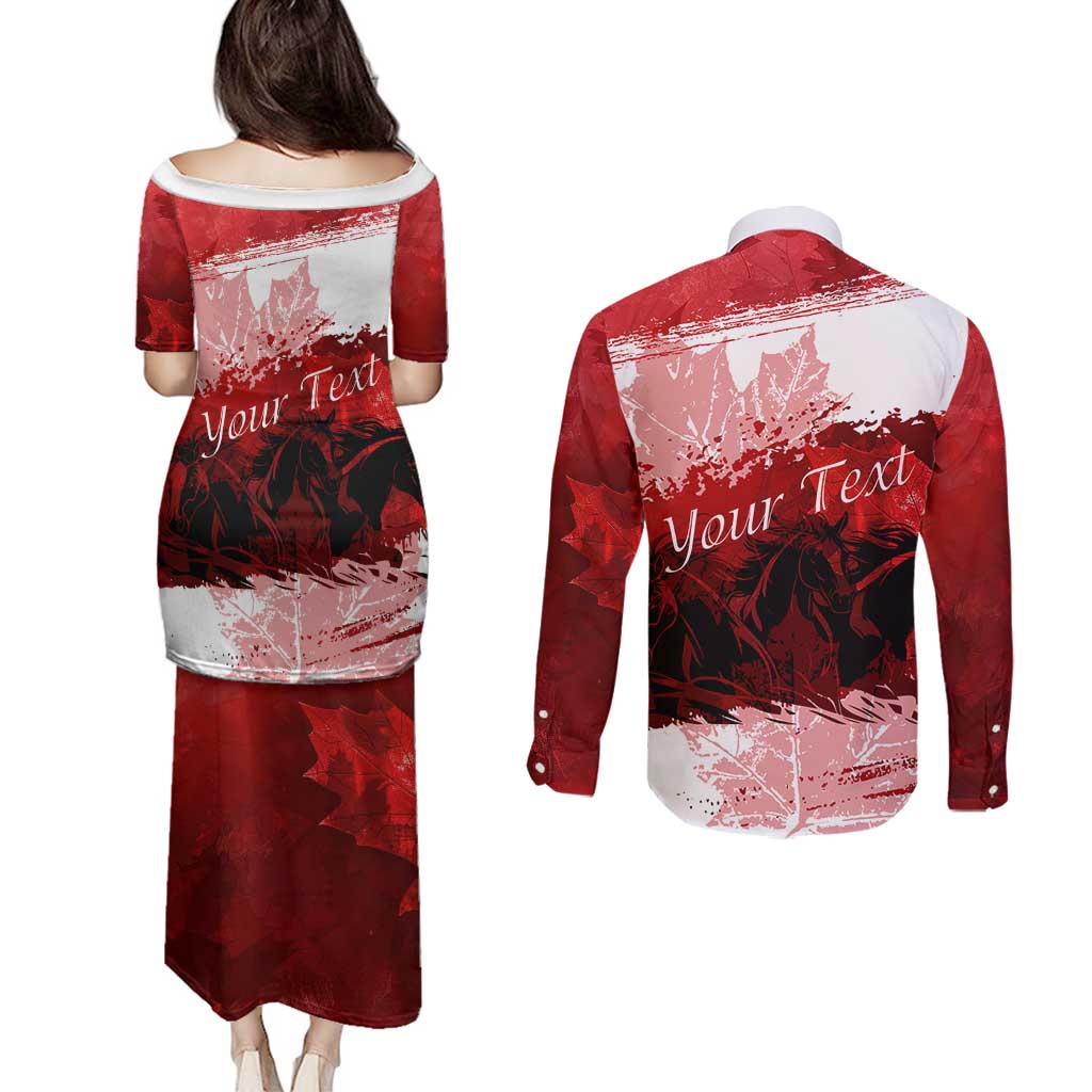 Personalized Canadian Horse Couples Matching Puletasi and Long Sleeve Button Shirt Canada Maple Leaf