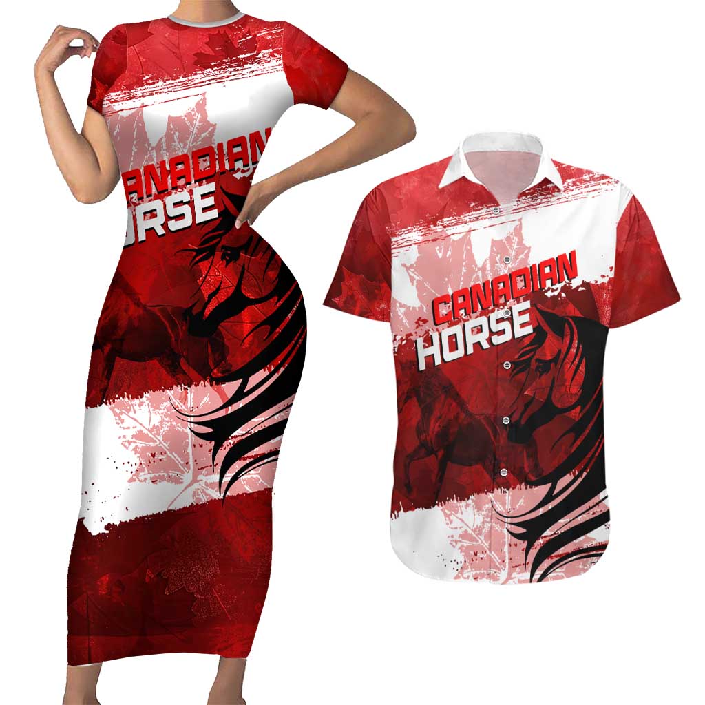 Personalized Canadian Horse Couples Matching Short Sleeve Bodycon Dress and Hawaiian Shirt Canada Maple Leaf