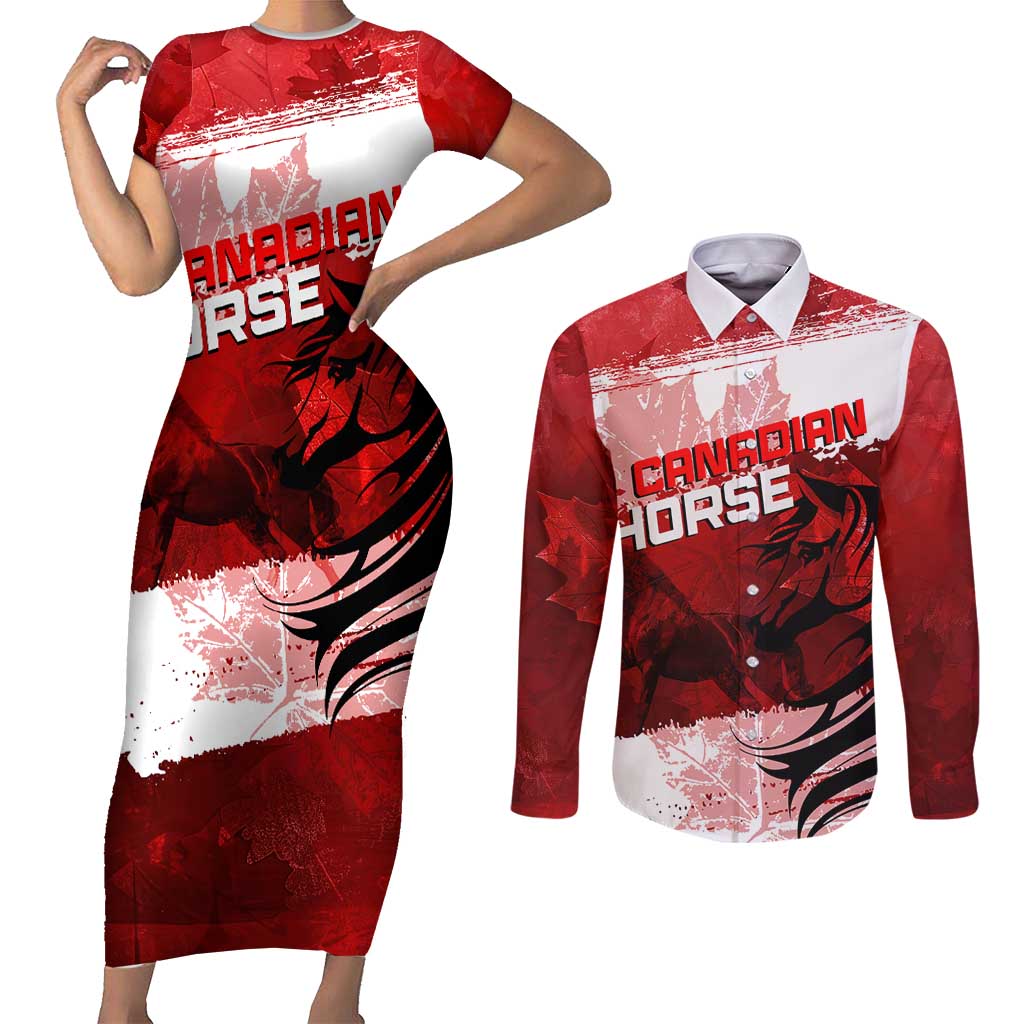 Personalized Canadian Horse Couples Matching Short Sleeve Bodycon Dress and Long Sleeve Button Shirt Canada Maple Leaf
