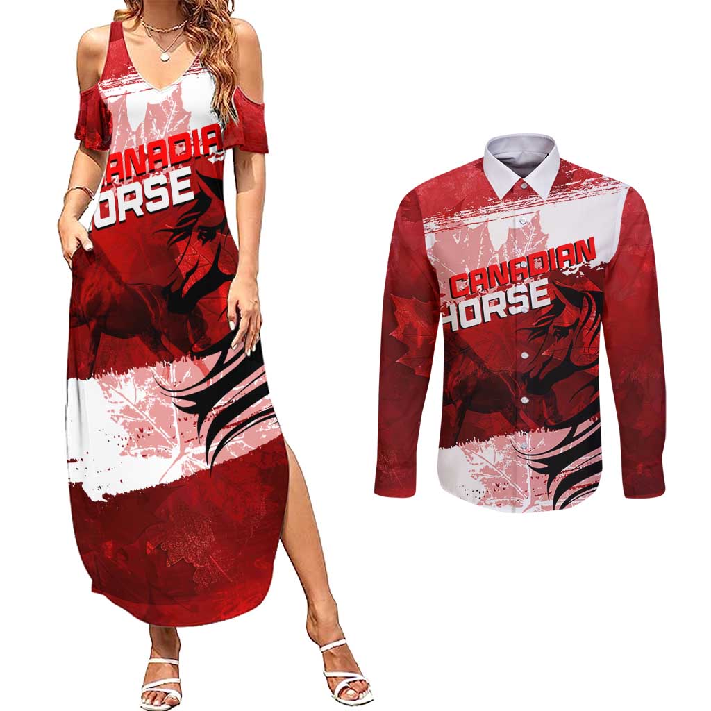 Personalized Canadian Horse Couples Matching Summer Maxi Dress and Long Sleeve Button Shirt Canada Maple Leaf