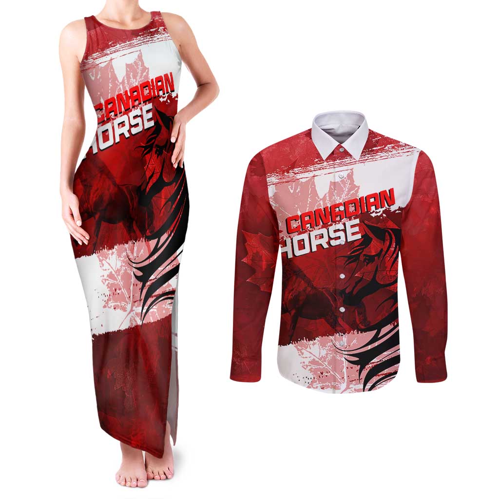 Personalized Canadian Horse Couples Matching Tank Maxi Dress and Long Sleeve Button Shirt Canada Maple Leaf