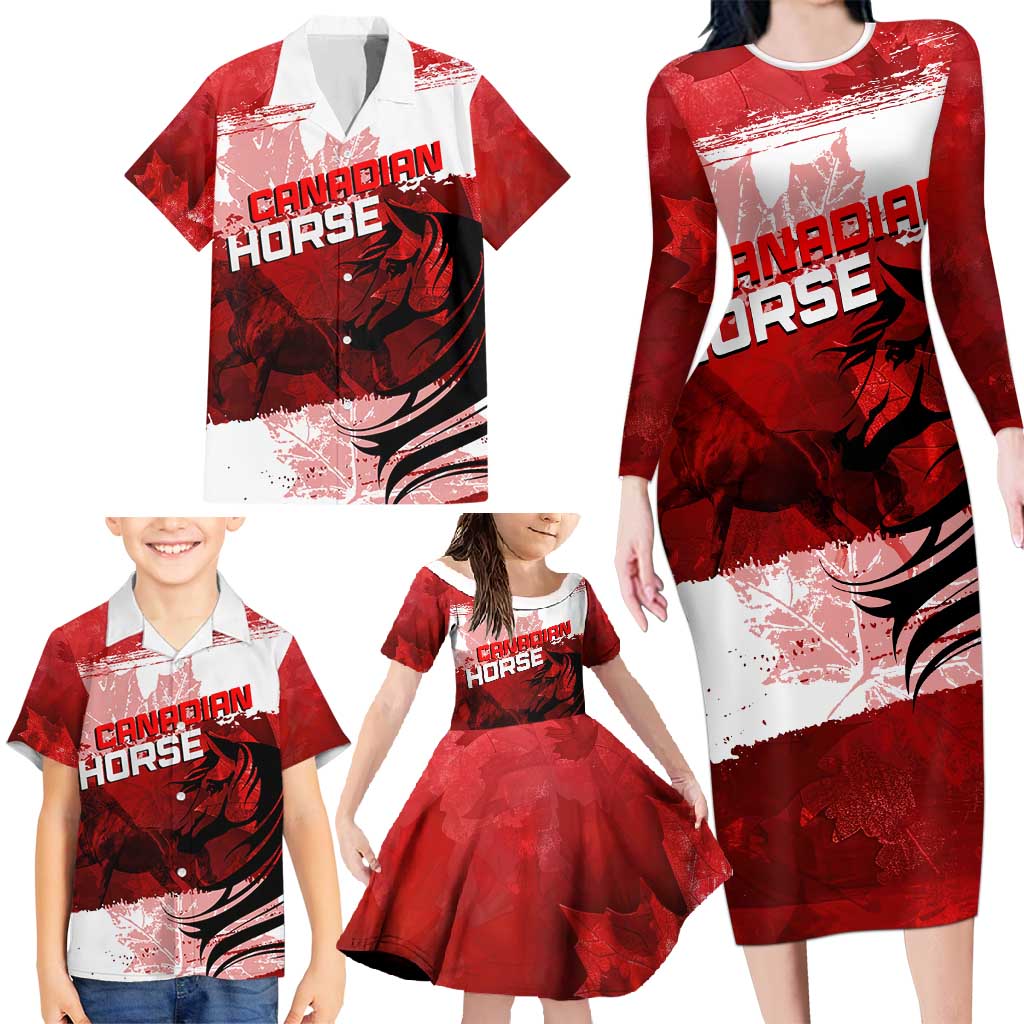 Personalized Canadian Horse Family Matching Long Sleeve Bodycon Dress and Hawaiian Shirt Canada Maple Leaf