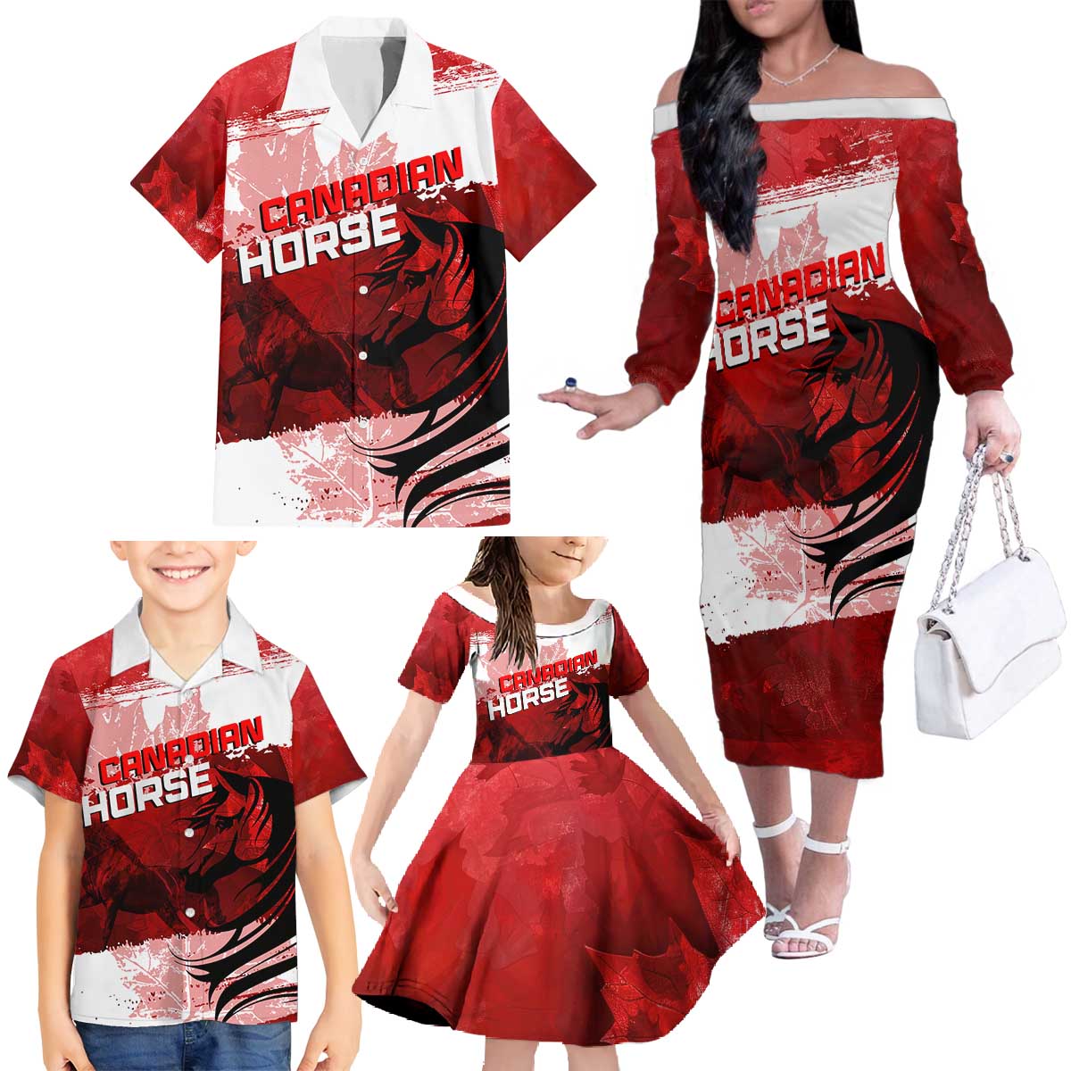 Personalized Canadian Horse Family Matching Off The Shoulder Long Sleeve Dress and Hawaiian Shirt Canada Maple Leaf