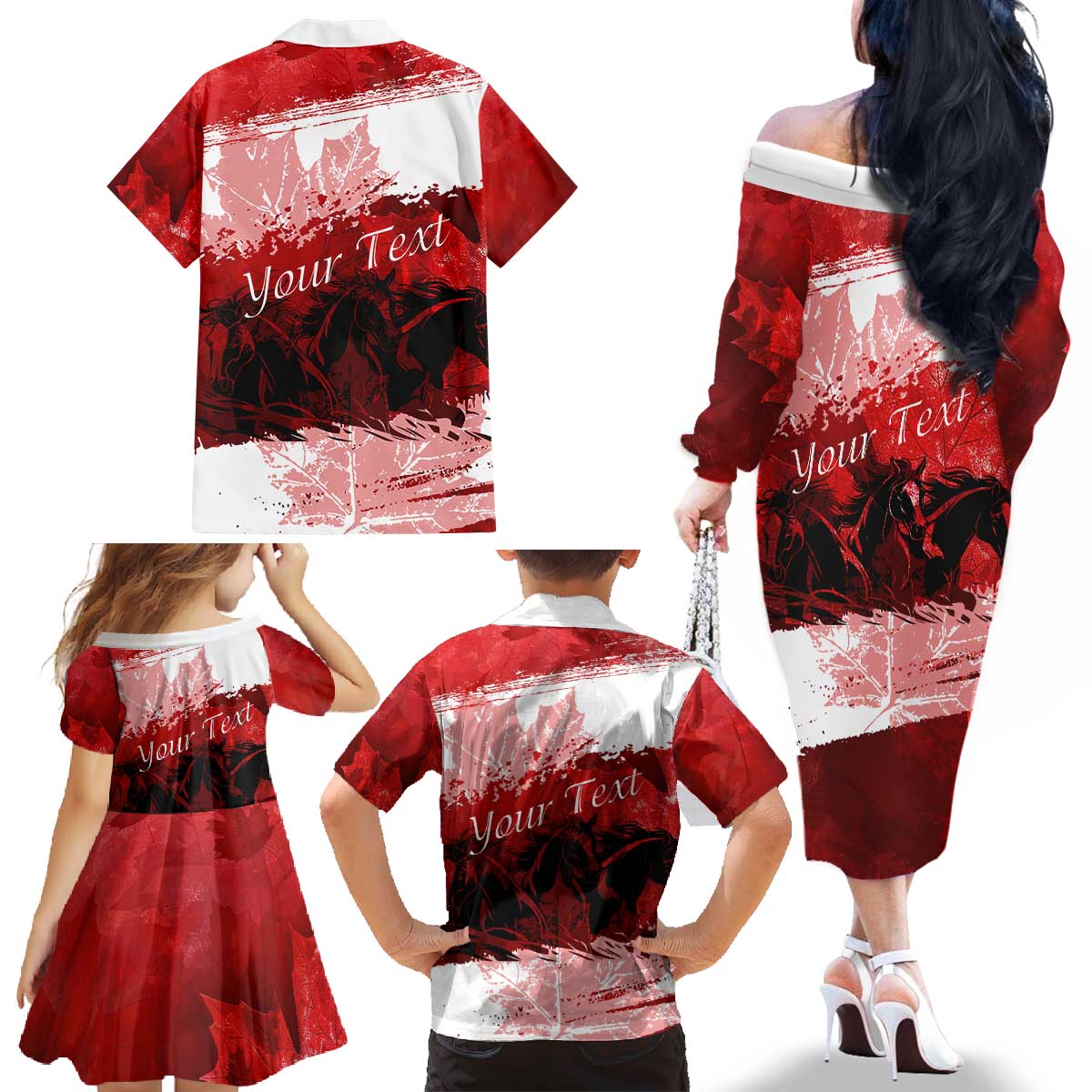 Personalized Canadian Horse Family Matching Off The Shoulder Long Sleeve Dress and Hawaiian Shirt Canada Maple Leaf