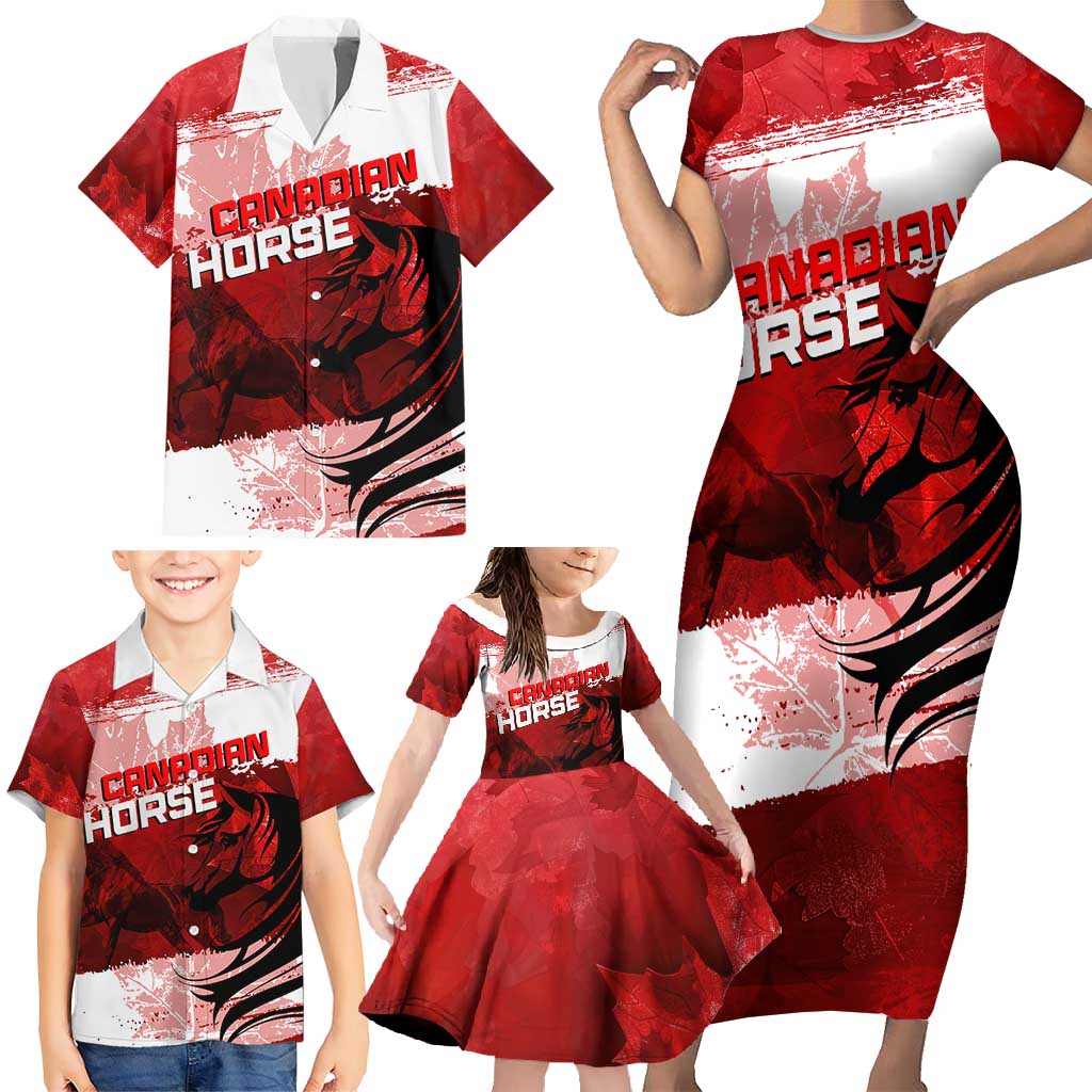 Personalized Canadian Horse Family Matching Short Sleeve Bodycon Dress and Hawaiian Shirt Canada Maple Leaf