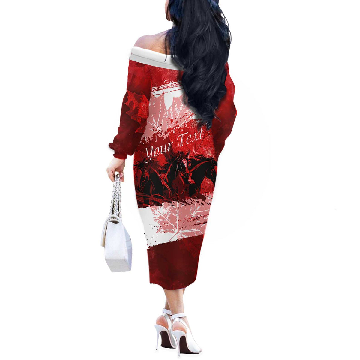 Personalized Canadian Horse Off The Shoulder Long Sleeve Dress Canada Maple Leaf