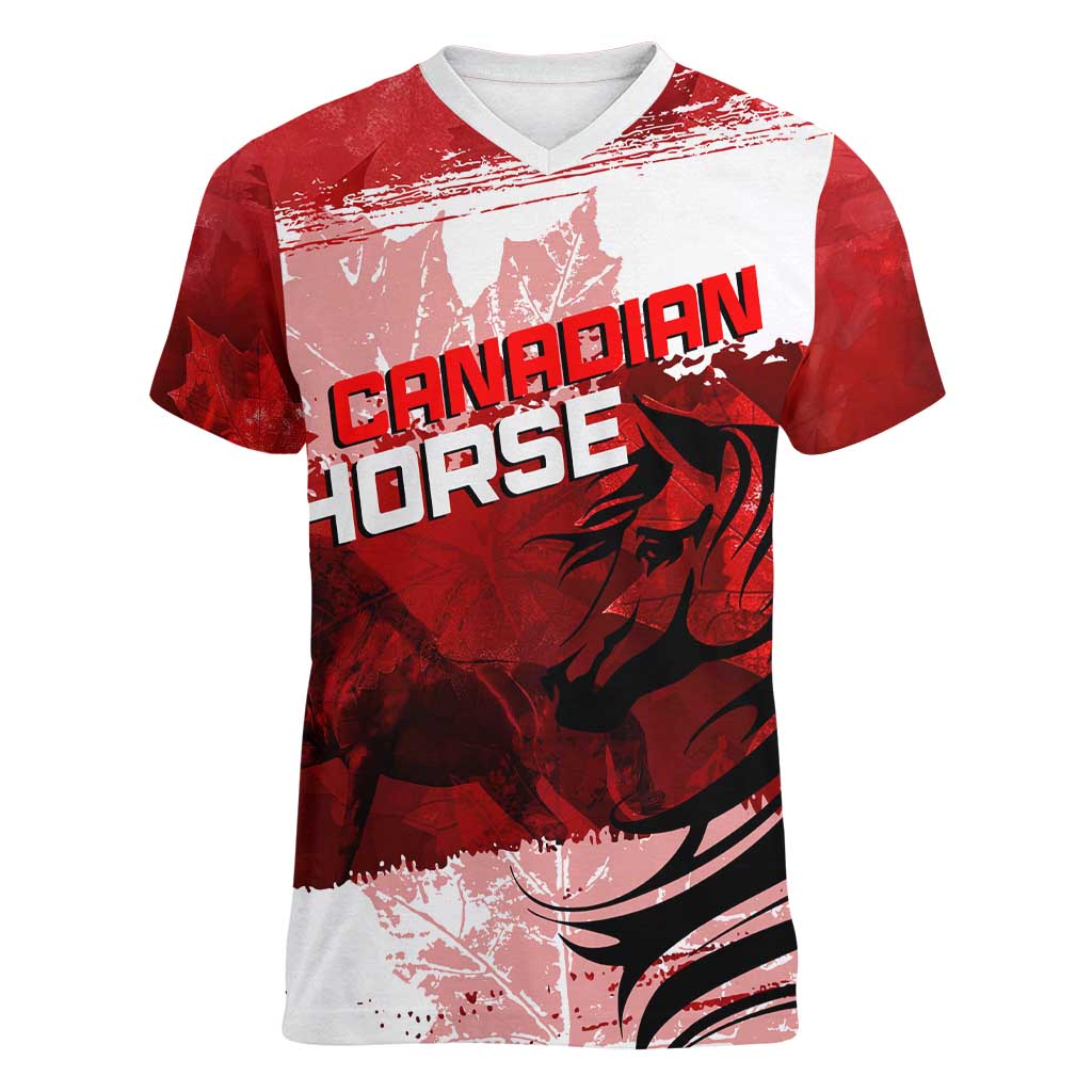 Personalized Canadian Horse Women V-Neck T-Shirt Canada Maple Leaf