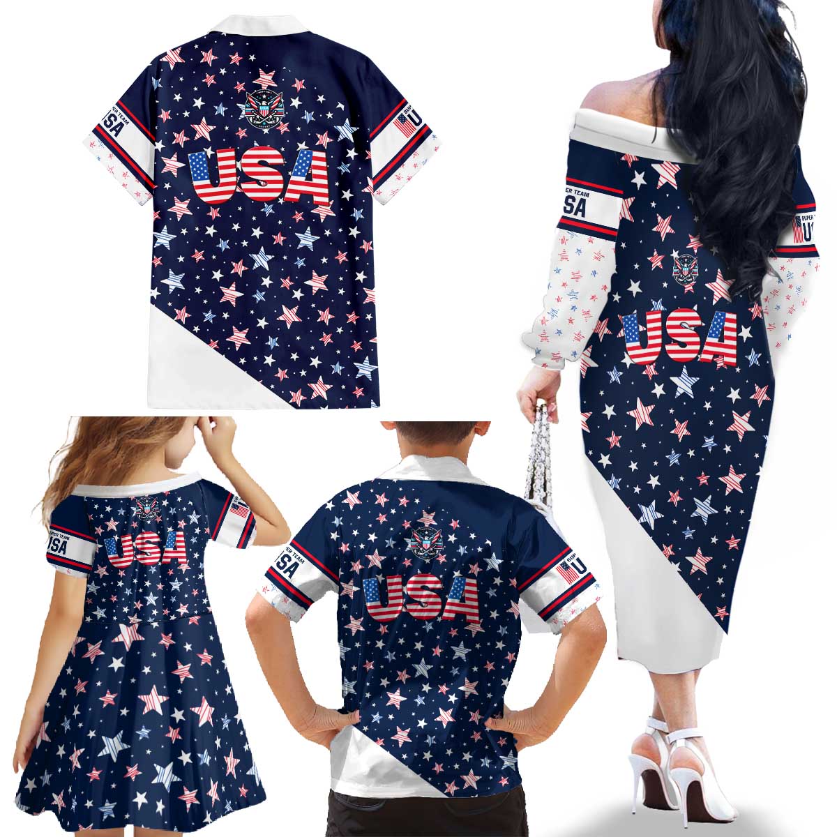 USA Hockey Family Matching Off The Shoulder Long Sleeve Dress and Hawaiian Shirt Summer Paris 2024 - Wonder Print Shop