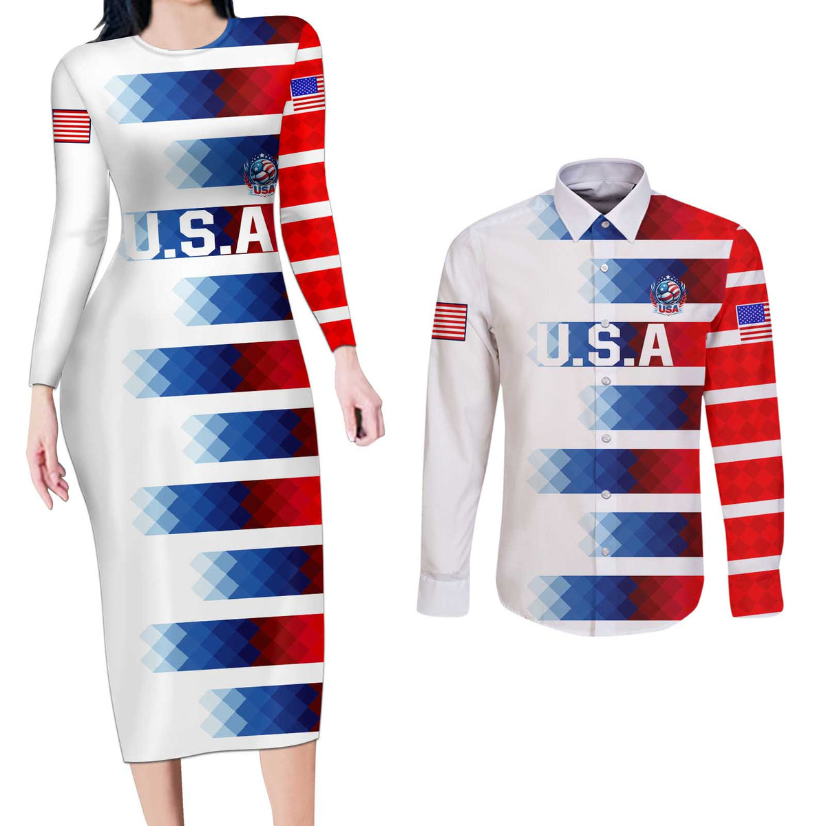USA Soccer Couples Matching Long Sleeve Bodycon Dress and Long Sleeve Button Shirt Summer Paris 2024 - Wonder Print Shop