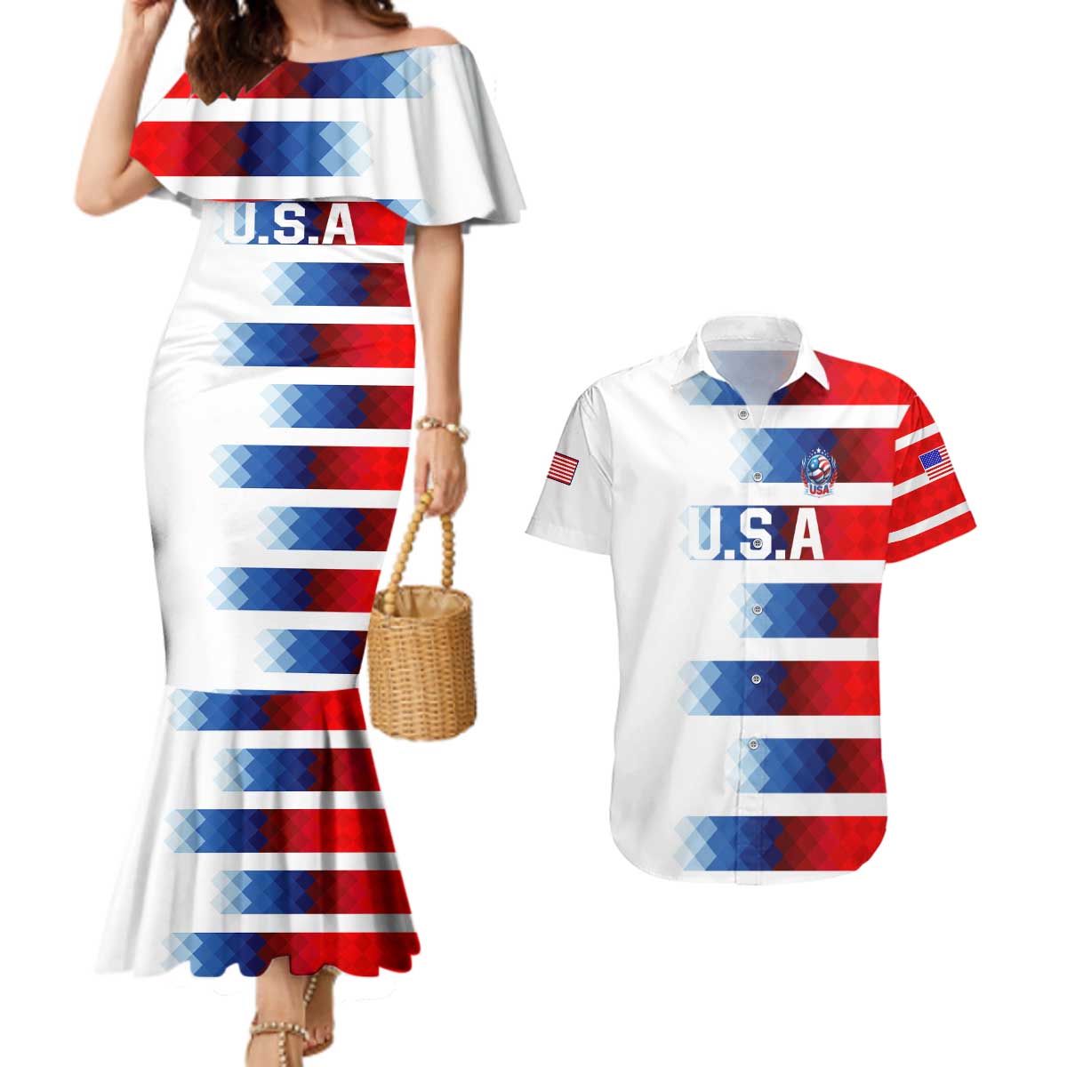 USA Soccer Couples Matching Mermaid Dress and Hawaiian Shirt Summer Paris 2024 - Wonder Print Shop