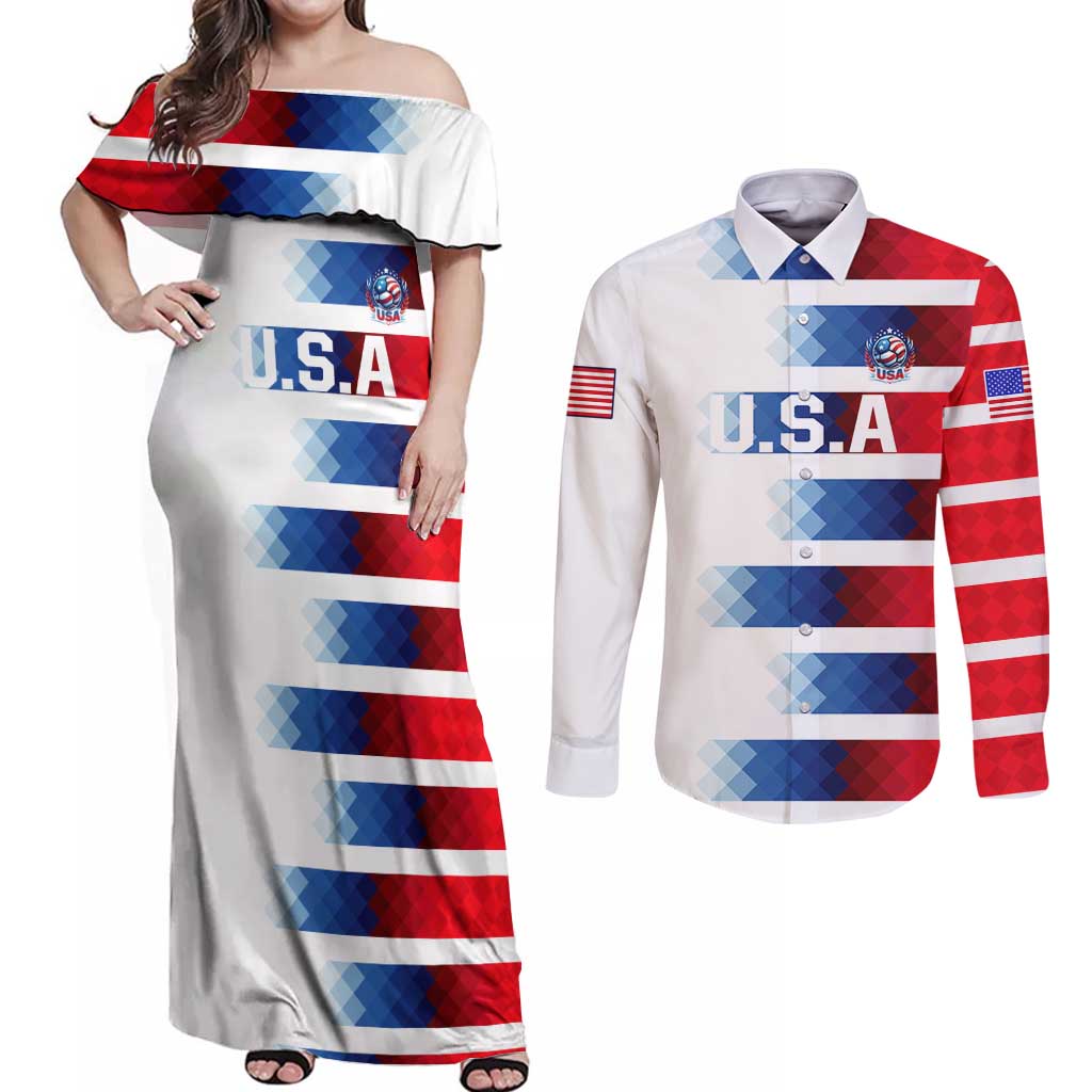 USA Soccer Couples Matching Off Shoulder Maxi Dress and Long Sleeve Button Shirt Summer Paris 2024 - Wonder Print Shop