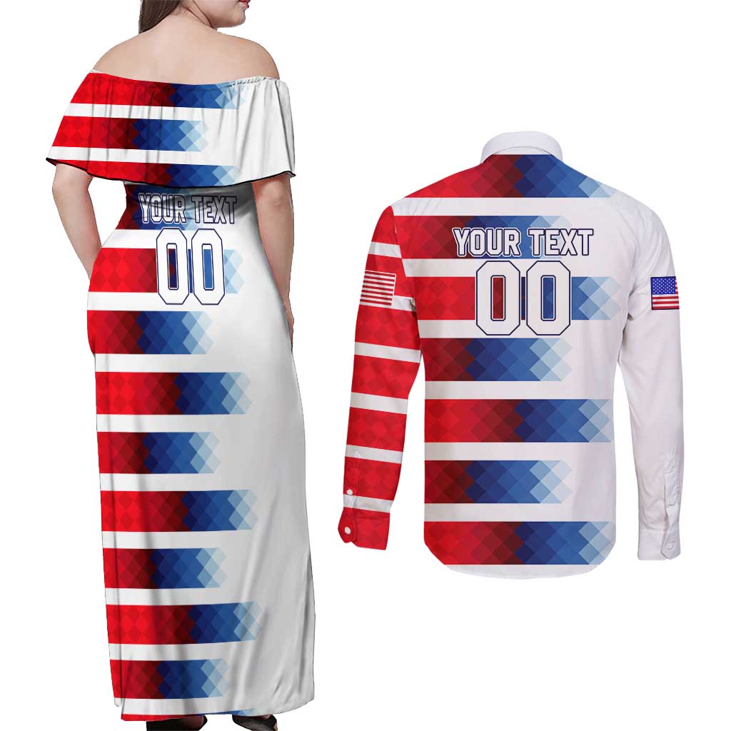 USA Soccer Couples Matching Off Shoulder Maxi Dress and Long Sleeve Button Shirt Summer Paris 2024 - Wonder Print Shop