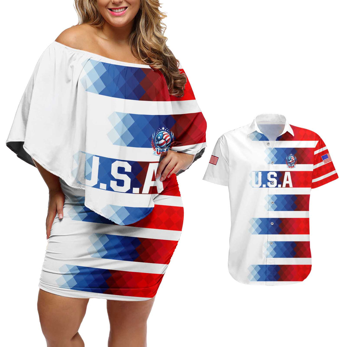 USA Soccer Couples Matching Off Shoulder Short Dress and Hawaiian Shirt Summer Paris 2024 - Wonder Print Shop