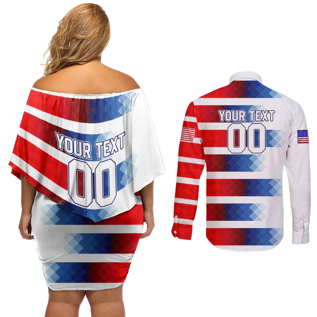 USA Soccer Couples Matching Off Shoulder Short Dress and Long Sleeve Button Shirt Summer Paris 2024 - Wonder Print Shop