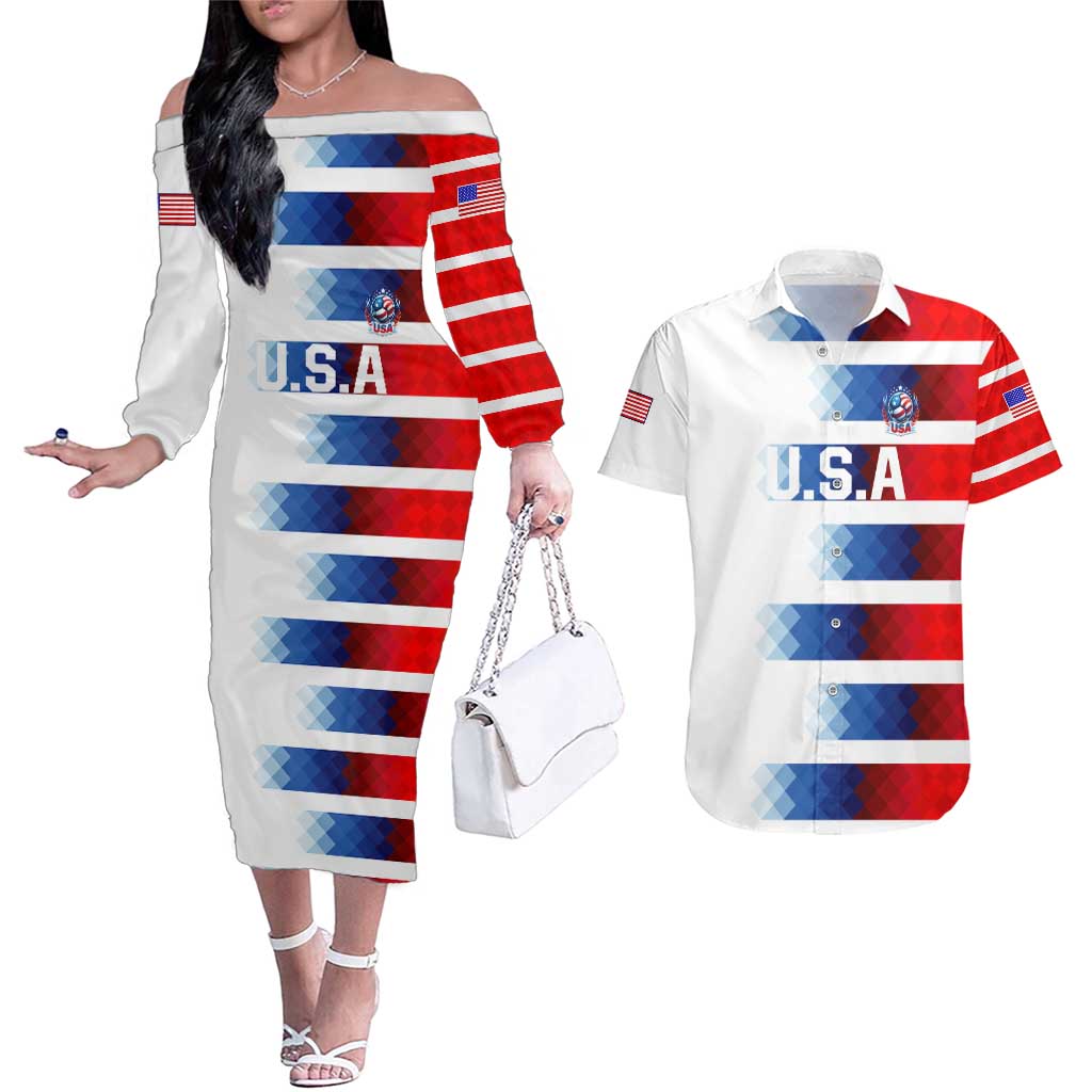 USA Soccer Couples Matching Off The Shoulder Long Sleeve Dress and Hawaiian Shirt Summer Paris 2024 - Wonder Print Shop